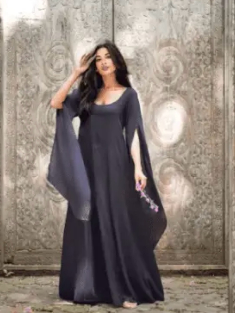 Flowing Black Maxi Dress with Dramatic Cape Sleeves